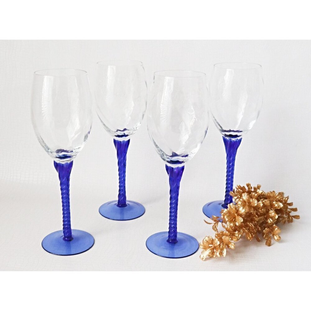 4 Vintage Cobalt Blue Stemmed Wine Glasses Goblets Barware